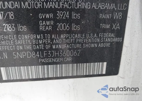 2018 Hyundai Elantra Value Edition z USA, uszkodzony, nr VIN 5NPD84LF3JH360062